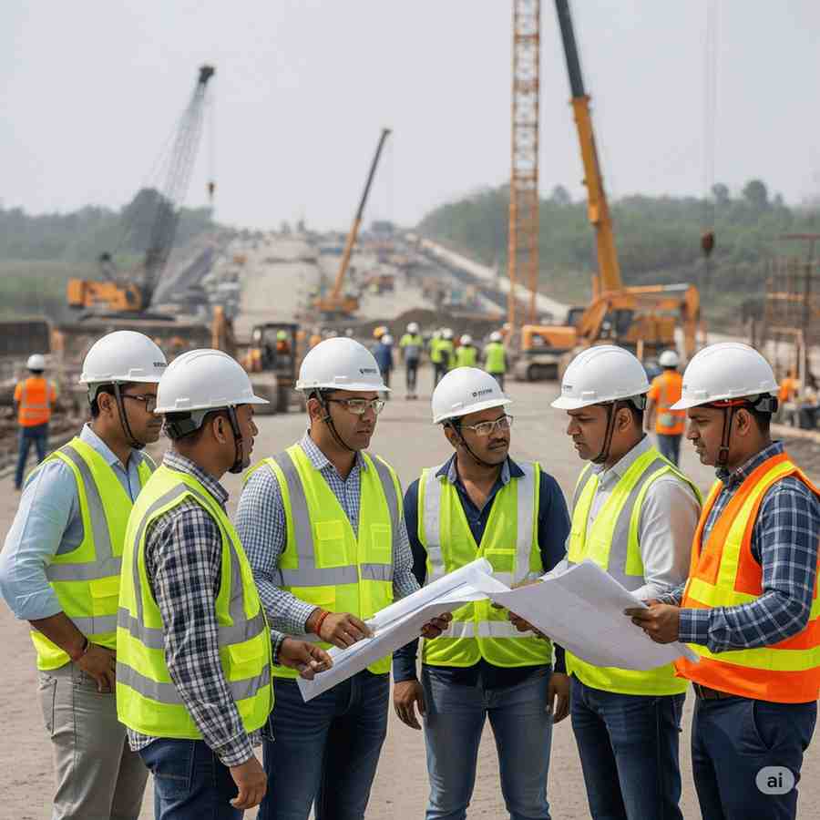 Construction team working together on site